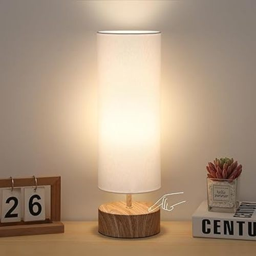 Bedside Table Lamp, 3 Way Touch Control Table Lamp with Wood Grain Base, Dimmable Nightstand Lamp with White Shade, Simple Night Light for Bedroom Living Room Home Office, LED Bulb Included