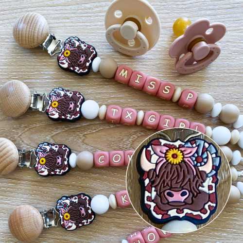 Highland Cow Silicone Baby Pacifier Clip • Personalize with Newborn Baby Girl Name • Custom Binky + Rattle Gift Set • Cowgirl Baby Shower