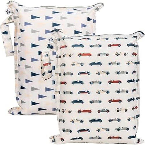 Tiny Twinkle Mess Proof Wet Bags | 2-Pack Reusable Waterproof Wet Bags for Swimsuits | Baby Clothes | Travel & Diaper Bag (Vintage Cars,Varsity Flags)
