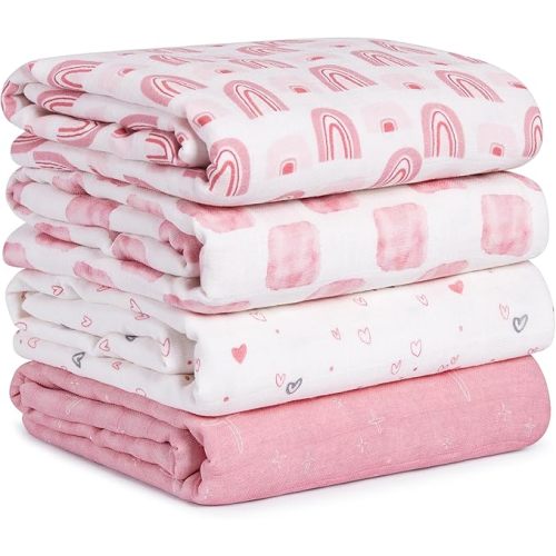 Muslin Swaddle Blankets for Newborn, 4 Pack Cotton Baby Blanket, Large 31.5 x 43.3 Breathable Soft Receiving Blankets Girl, Essentials Swaddle Wrap Burping Clothes, Pink Rainbow