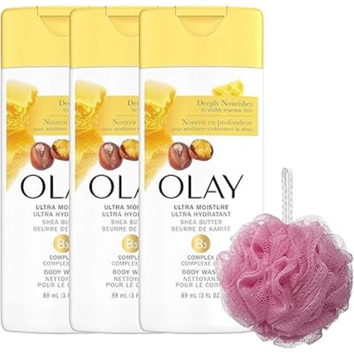 PURPUR Olay Ultra Moisture Body Wash with Shea Butter for Women Loofah Bundle, Travel Size, 3 oz (Pack of 3) Color may vary
