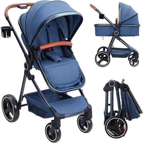 GAOMON 2-in-1 Convertible Baby Stroller with Bassinet Mode - Foldable Infant Pushchair, Toddler High Landscape,Reversible Stroller Seat, Aluminum Structure, 5-Point Harness, Blue