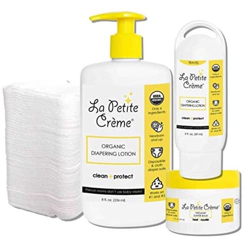 La Petite Creme French Diapering Starter Bundle - Includes Organic Diaper Lotion (8 oz and 2 oz), Diaper Balm (1 oz), and 50 Disposable Cotton Pads - Baby Essentials for Newborn - Baby Shower Gift Set