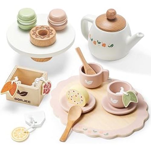 Wooden Tea Set for Little Girls, Wooden Toys Toddler Tea Set Play Kitchen Accessories for Kids Tea Party with Play Food for Kid Age 3+ Gift