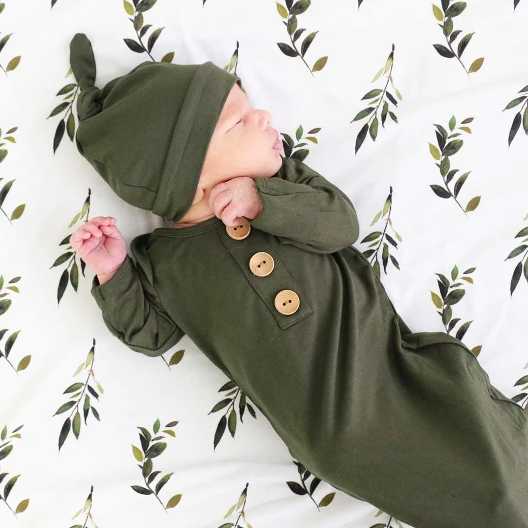 Caden Lane Olive Bamboo Baby Knot Gown & Hat - Olive