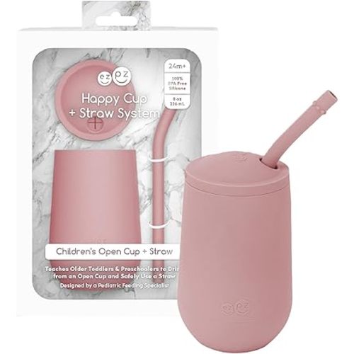 ezpz Mini Cup + Straw Training System - 9 Months+ (Blush) - 100% Silicone Training Cup for Infants + Toddlers - Designed by a Pediatric Feeding Specialist