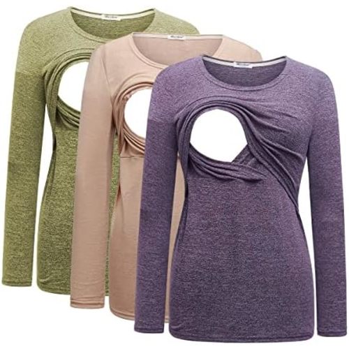 Bearsland Women's 3 Packs Maternity Clothes Long Sleeves Breastfeeding Shirts Nursing Top