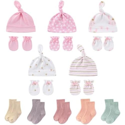 Baby Boy Girl Cotton Hat Mitten Sock Set 15 Pack Infant Essential Accessories for 0-6 Months