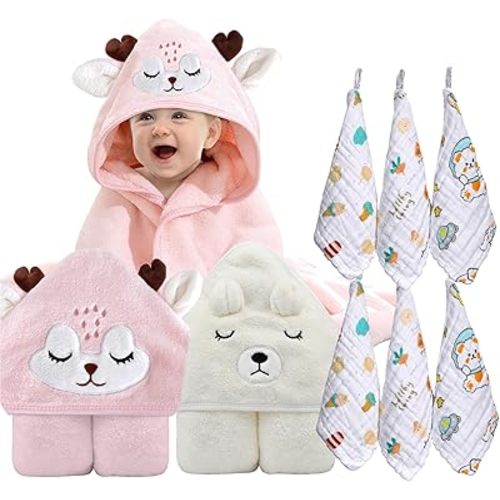 Baby Towel, Hooded Baby Towel, 8-Piece Bath Towel for Baby Boys Girls, Muslin Washcloths, Reusable Infant Wipes Set (White-Pink)