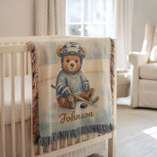 Personalized Hockey Baby Woven Blanket for Teddy Bear Lover | Baby Shower Gift Idea for Baby | Custom Name Crib Blanket for Baby, Hockey Fan