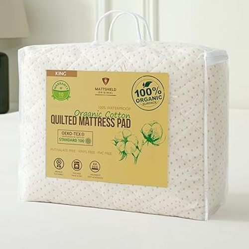 Luxury Quilted Organic Cotton Mattress Protector King - 380 GSM Waterproof & Breathable Pad - Deep Pocket Fitted Cover - Soft & Silent Protection