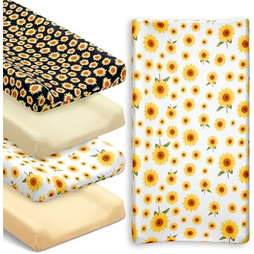 4 Pieces Muslin Sunflower Changing Pad Cover Diaper Fall Floral Change Table Sheets Thanksgiving Day Nursery Changing Pad Sheets Diaper Pad Cover for Baby Boys Girls, 31.5 x 15.75 Inches