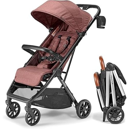 Bēbee V2 Lightweight Baby Stroller - Premium Vegan Leather, One-Hand Fold, Infinite Recline, Aircraft-Grade Aluminum Frame, XXL Canopy, and Ample Storage Umbrella Stroller - Desert Berry