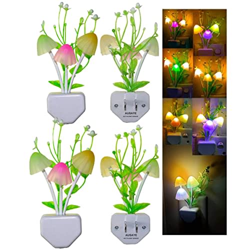 AUSAYE 4 Pack Plug in Night Light, Color Changing Mushroom Light LED Nightlights with Smart Dusk to Dawn Sensor for Kids, Adults, Bedroom, Bathroom,Hallway, Stairs, Kitchen