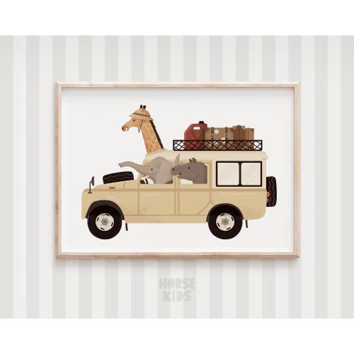 Safari car animals, Cute animals print, Safari wall art, Nursery animals art, Safari wall decor, Whimsical animals, Nursery wall decor
