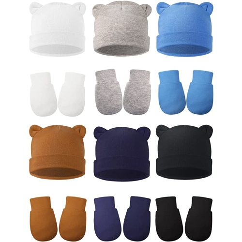12 Sets Newborn Cotton Hospital Hat Mittens Baby Beanie Solid Infant Baby Hats with Ear and No Scratch Mitten Soft Gloves - White, Blue, Gray, Navy Blue, Brown, Black