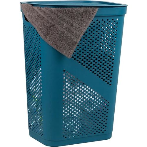 Mind Reader Slim Laundry Hamper with Lid, 60L Clothes Basket, Ventilated Plastic, Blue