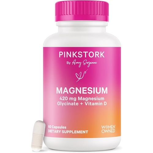 Pink Stork Magnesium Glycinate with Vitamin D - Magnesium Supplement for Women to Support Natural Calm, Mood, and Sleep - Hormone Balance for Women - 60 Capsules, 1 Month Supply