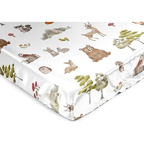 Sweet Jojo Designs Woodland Forest Animals Boy Girl Gender Neutral Unisex Baby Satin Fitted Crib Sheet Infant Newborn Nursery Toddler Bed Room Standard Mattress Animal Friends Bear Fox Hedgehog Deer