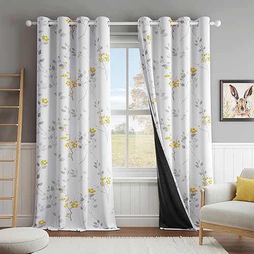 Beauoop Floral 100% Blackout Curtains 84 Inches Long 2 Panels for Bedroom Living Room Yellow Grey and White Flower Patterned Room Darkening Thermal Soundproof Grommet Window Treatments Drapes, 52X84