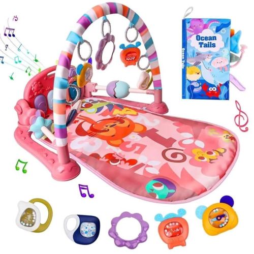 VZO Baby Gyms Play Mats, Infant Play Mat and Activity Gym, Baby Play Piano Gym Mat, Play Mats for Babies Newborns and Toddlers, Tummy Time Activity Mat Toys 0-3-6-12 Months (Pink)