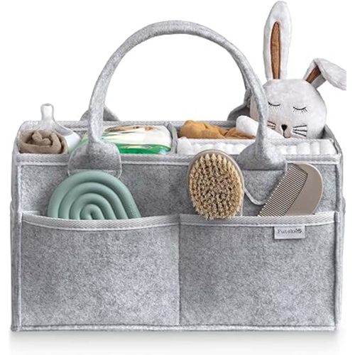 PUTSKA Baby Diaper Caddy Organizer Nursery Basket - Baby Basket Gift Registry For Baby Shower List. Baby Must Haves Essentials. Neutral Baby Stuff For Newborn Boy Nursery Decor Or Girl(Grey 16x10x7)