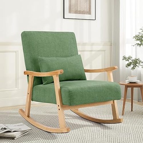 Mid Century Modern Rocking Chair with Lumbar Pillow, Upholstered Nursery Glider Chair Rocker, Solid Wood Frame Nursing Chair for Bedroom Living Room Small Space, Light Green