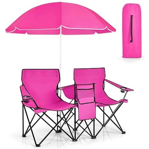 KOTEK Double Camping Chair, Folding Camp Chair with Removable Umbrella, Cup Holders, Cooler Bag, Side Pocket & Carry Bag, 2-Person Beach Chair for Outdoor, Sports, Concerts, Travel, Picnic (Pink)