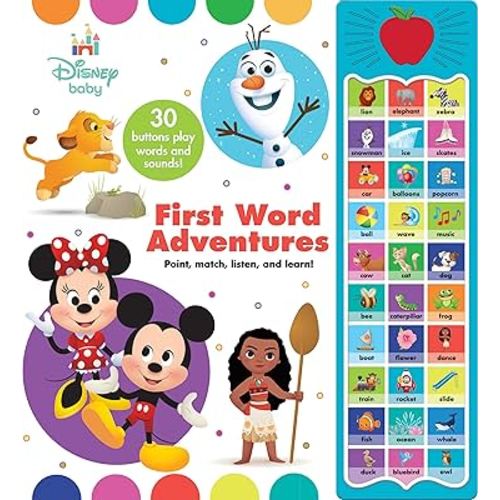 Disney Baby Mickey Mouse, Minnie, Frozen, Moana, and More! - First Word Adventures: Point, Match, Listen, and Learn! 30-Button Sound Book - Great for First Words - PI Kids