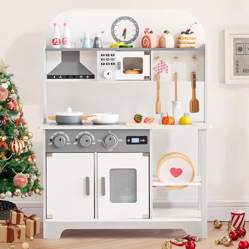 Play Wooden Kitchen Sets for Kids, Toddler Kitchen Playset, Chef Pretend Kitchen with Plenty of Play Features, Toy Kitchen with Toy Food & Cookware Accessories, Gift for Boys Girls