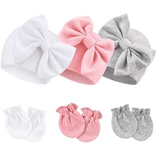 BQUBO Newborn Baby Hospital Hats Beanie Bow Infant Caps Baby Cotton No Scratch Mittens Set for 0-6 Months