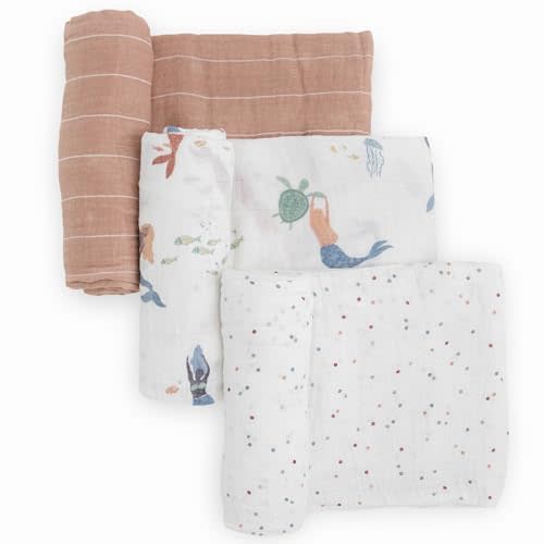 Little Unicorn Premium Muslin Swaddle Blanket 3 Pack | for swaddling, Play, Nursing & More | Giftable Set of 3 (Mermaids)