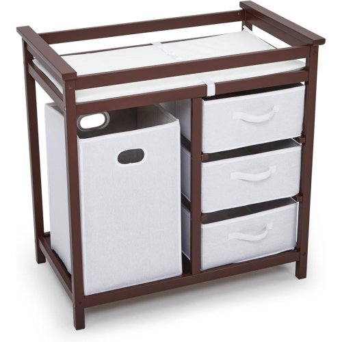 Ebern Designs Wooden Baby Changing Table with Hamper & Storage Baskets – Modern Diaper Changing Station Dresser with 3 Drawers and Waterproof Changing Pad | Wayfair