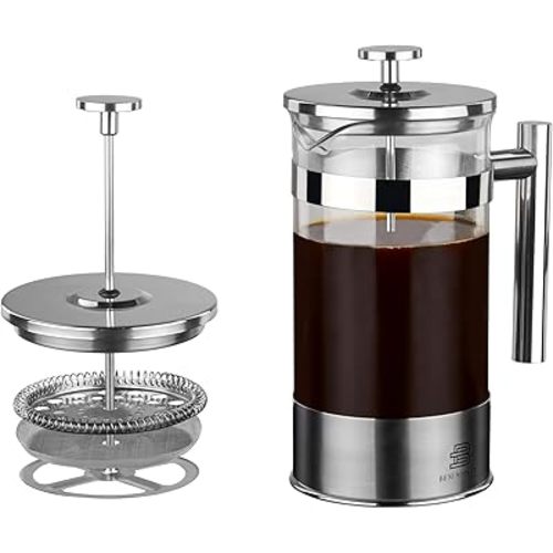 34 oz French Press Coffee Maker - Borosilicate Glass, Coffee Brewer, Stainless Steel Plunger, Tea Press for loose Tea, Heat Resistant, Silver