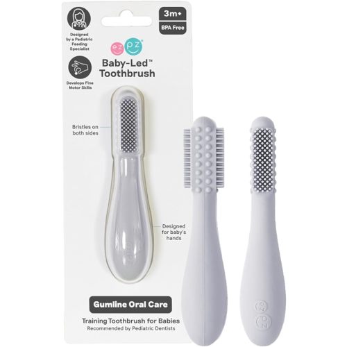 ezpz Baby-Led Toothbrush (Pewter) - 3 Months + - 100% Silicone Infant Toothbrush with Sensory Bumps - Cleans Gums + New Teeth - Improves Hand-to-Mouth Coordination, Self-Feeding Skills