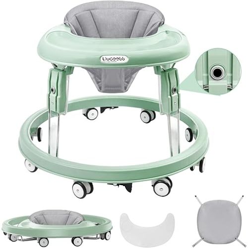 Baby Walker with Wheels, One-Touch Folding Baby Walkers, 7-Speed Height Adjustment with Large Dinner Plate, Anti-Roll 8-Wheel with Brake for 6-18 Months Baby (Green)