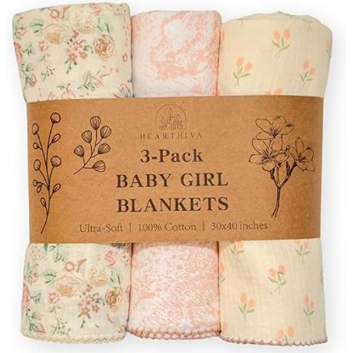 HEARTHIVA Baby Muslin Swaddle Blankets – 3-Pack 100% Cotton Receiving Blankets for Newborn Girls – Soft, Breathable & Lightweight – 30x40 Multi-Use Swaddle Set (Floral Pink)