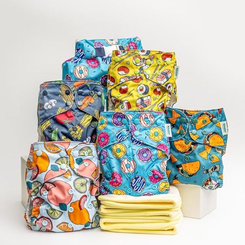 Kinder Cloth Diapers Set of 5 Reusable Baby Diapers Pocket Style Athletic Wicking Jersey, Bamboo Viscose Inserts, Wet Bag, Newborn to Potty Training 7-60lbs, One Size (Foodie)