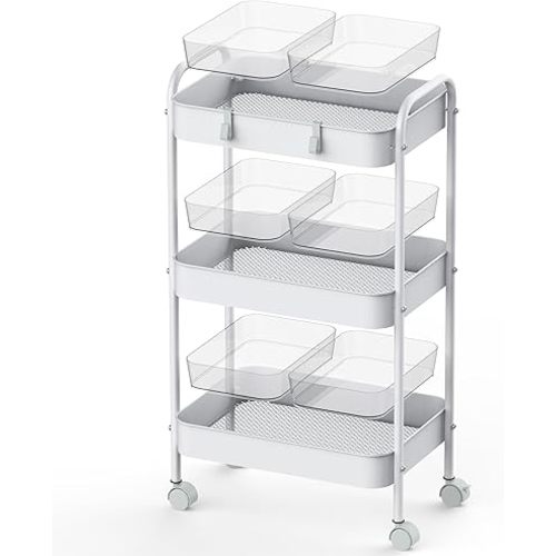 3-Tier Rolling Cart Metal, Roller Cart with 6 Transparent Organizer Boxes & 4 Hooks, Utility Carts with Wheels, Multifunctional Storage Organizer Cart, Carts for Dressing Rooms, Bathrooms, etc., White