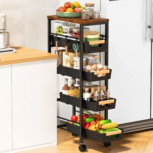 SUNALLY Slim Storage Cart with Pull-Out Baskets, 5-Tier Rolling Kitchen Cart with Wooden Top & Lockable Wheels, Narrow Space Utility Cart Organizer for Kitchen, Bathroom, Laundry Room, Black