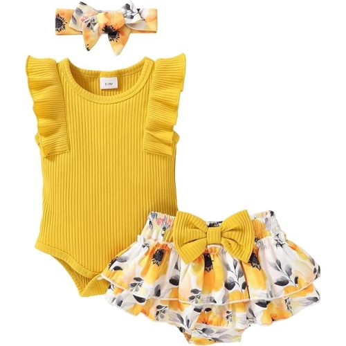 Tiny Cutey Baby Girl Clothes Infant Summer Outfits Set Ruffle Sleeve Romper and Floral Shorts with Headband