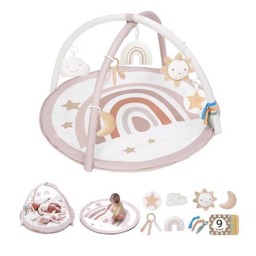 Baby Play Gym Mat, Tummy Time Activity Mat with 7 Detachable Toys and 12 Milestone Cards for Stage-Based Sensory and Motor Skill Development, Washable Play Mats for Infant, Newborn Baby Essentials