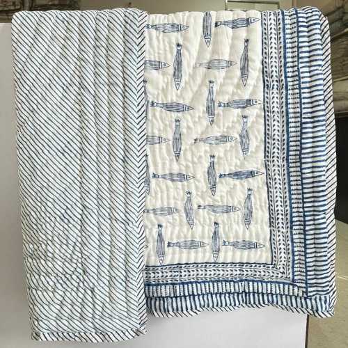 Hand Block Printed Baby Quilt with Blue Fish Design – Soft Cotton Kantha Blanket – Reversible Baby Bedding – Ocean Theme Nursery Gift