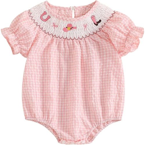 Baby Girl Smocked Western Romper Short Sleeve Bubble Rompers Summer Clothes Plaid Print Embroidery Bow Bodysuit Tops