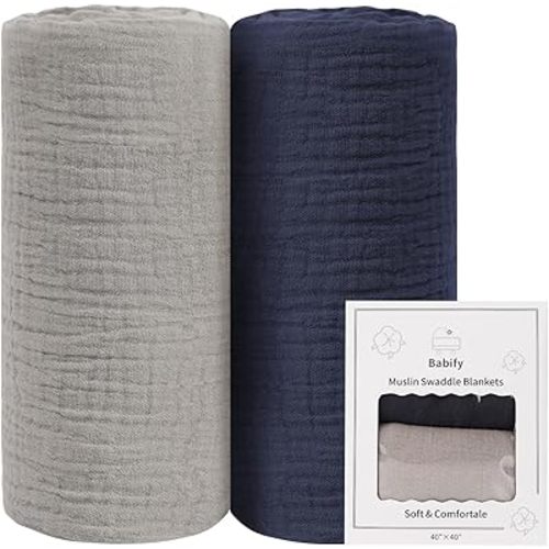 Baby Swaddle Blanket Neutral - Lightweight and Breathable Muslin Swaddles for Newborns - Receiving Blanket for Baby Boys and Girls (Bluegrey, 2pack)