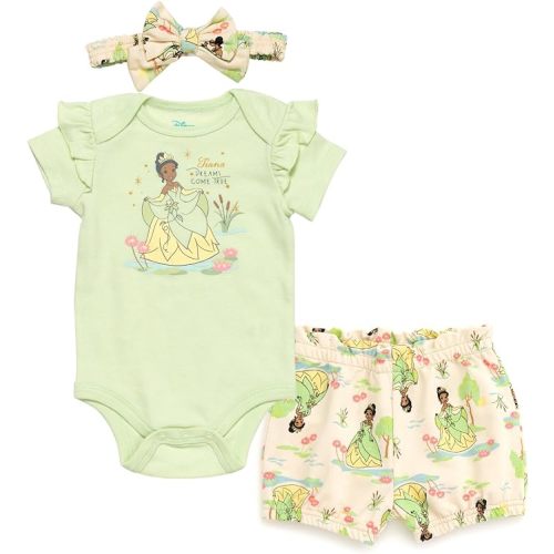 Disney Princess Ariel Belle Tiana Baby Girls Bodysuit Bubble Shorts and Headband 3 Piece Outfit Set Newborn to Infant