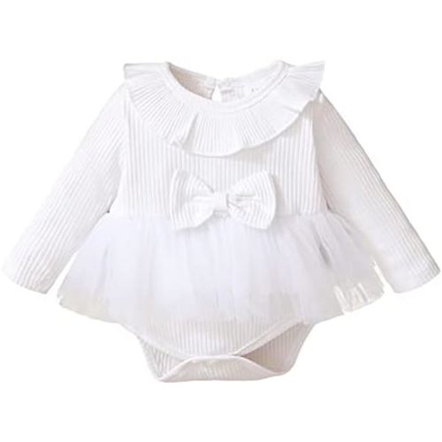 OPAWO Newborn Baby Girl Dress Long Sleeve Onesie Bodysuit for Infant Girl Ribbed Romper Dress with Tulle Skirt 0-18 Months
