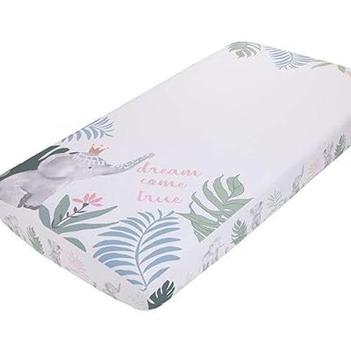 NoJo Tropical Princess Elephant/Jungle Pink and Green 100% Cotton Photo Watercolor Crib Sheet