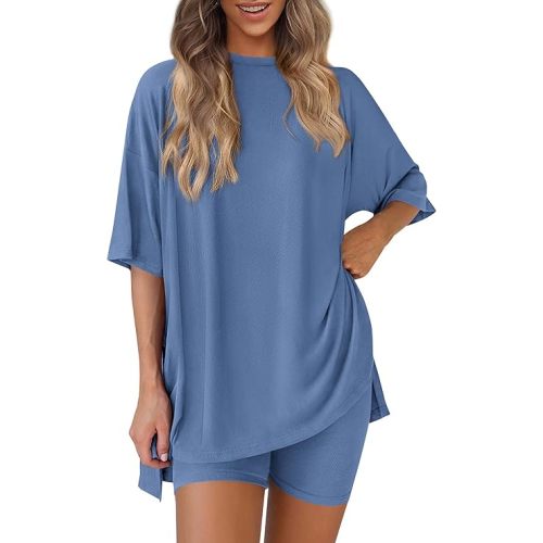 PRETTYGARDEN Women's Two Piece Lounge Set 2025 Summer Casual Oversized Shirts Biker Shorts Matching Airport Travel Outfit