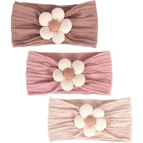 3 Pcs Baby Flower Headbands Baby Girls Nylon Headband Soft Hairbands Hair Accessories for Newborn Infant Toddler Kids (Beige Pink Khaki)